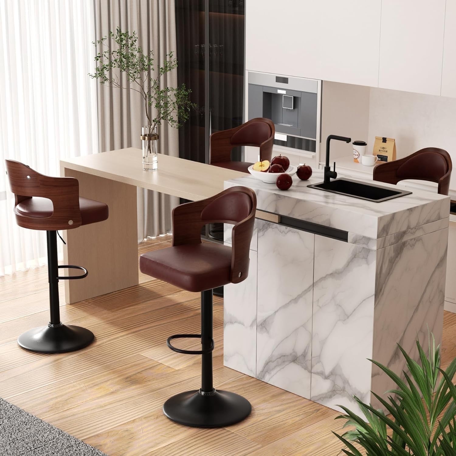 Hawsaiy Wooden Bar Stools Set of 4, Adjustable Height 24.5-33.5IN, Wooden Bar Chairs with PU Leather Upholstery, Back & Footrest for Kitchen, Dining, and Home Bar
