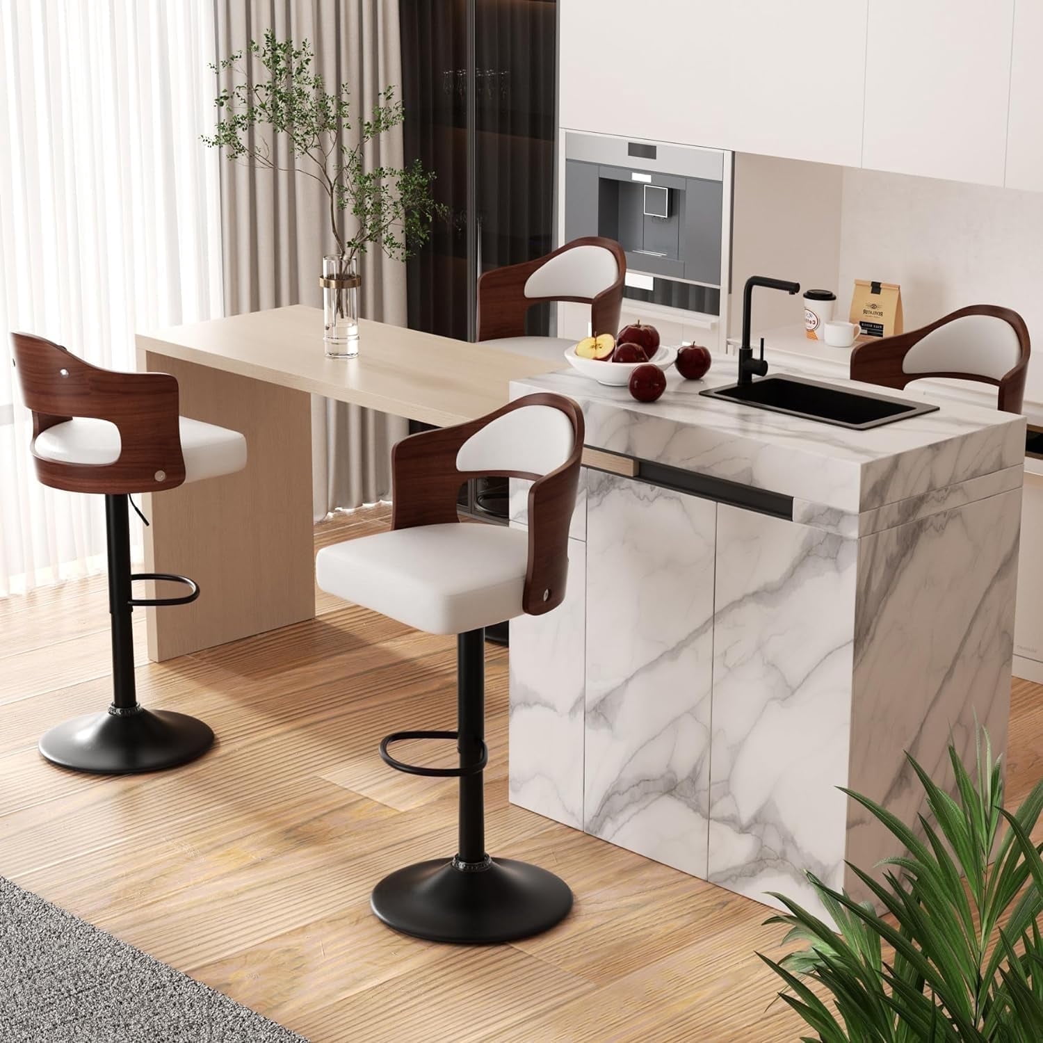 Hawsaiy Wooden Bar Stools Set of 4, Adjustable Height 24.5-33.5IN, Wooden Bar Chairs with PU Leather Upholstery, Back & Footrest for Kitchen, Dining, and Home Bar