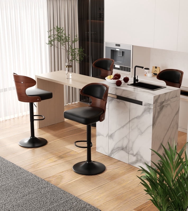 Hawsaiy Bar Stools Set of 4, Adjustable Height 24.5"-33.5", Bentwood Swivel Barstools with Back & Footrest, PU Leather Upholstered Bar Chairs for Kitchen Island, Dining Room, Home Bar