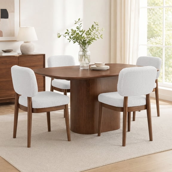 Hawsaiy Wooden Dining Chairs Set of 4, Boucle Upholstered Dining Room Chairs with Solid Wood Legs, Mid Century Modern Kitchen Chairs, Farmhouse Side Chairs with Back for Dining Room, White