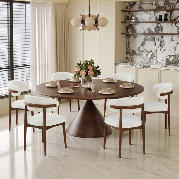 Hawsaiy Wooden Dining Chairs Set of 6, Mid-Century Upholstered Chenille Dining Chairs with Solid Wood Legs, Comfortable Kitchen Chairs for Dining Room, Cream