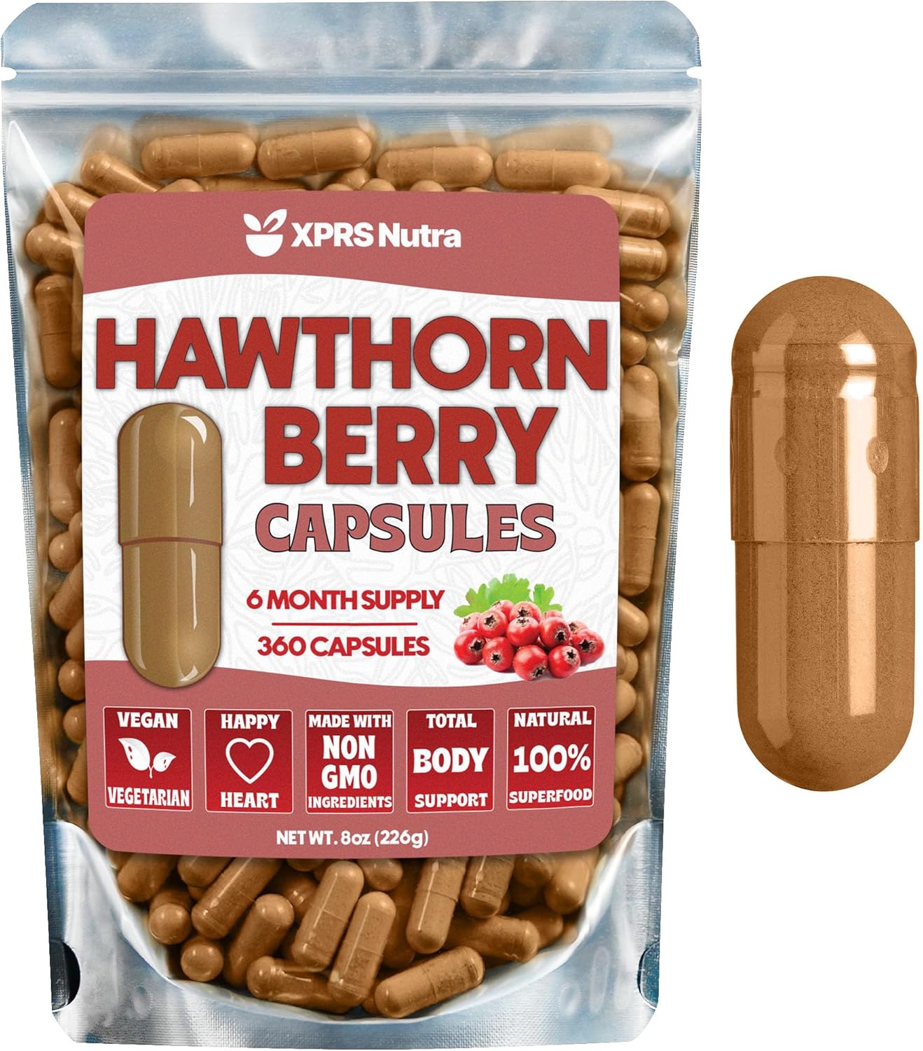Hawthorn Berry Powder Capsules 360 Count (6 Month Supply) Premium