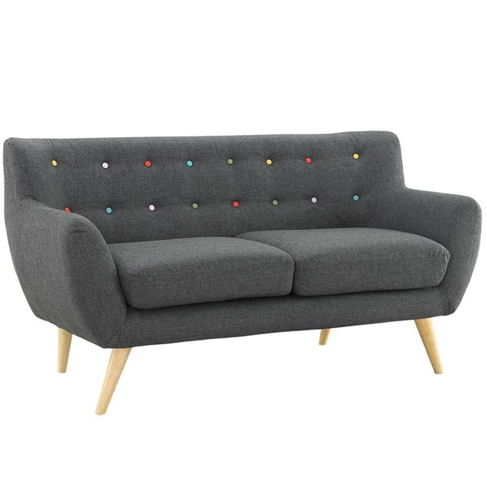 Mid-Century Modern Tufted Loveseat in Stormy Gray with Wood Legs