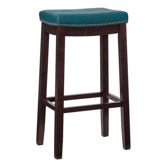Hawthorne Collections Rubberwood Blue Bar Stool Rectangular Antiqued Brass 32.25" Unassembled