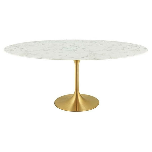 Hawthorne Collections 78"" Oval Faux Marble Top Pedestal Dining Table in Gold