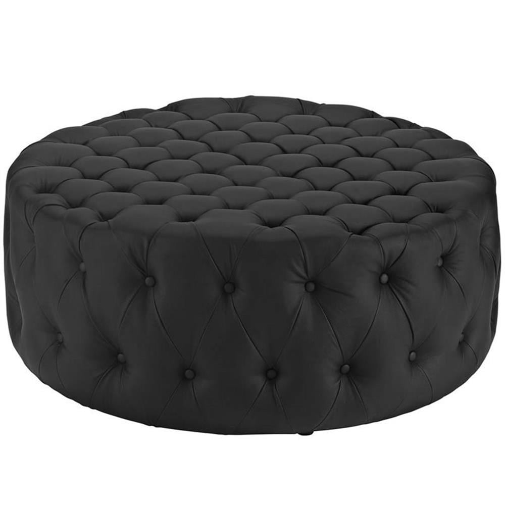 Luxurious Black Vinyl Tufted Round Ottoman with Foam Padding