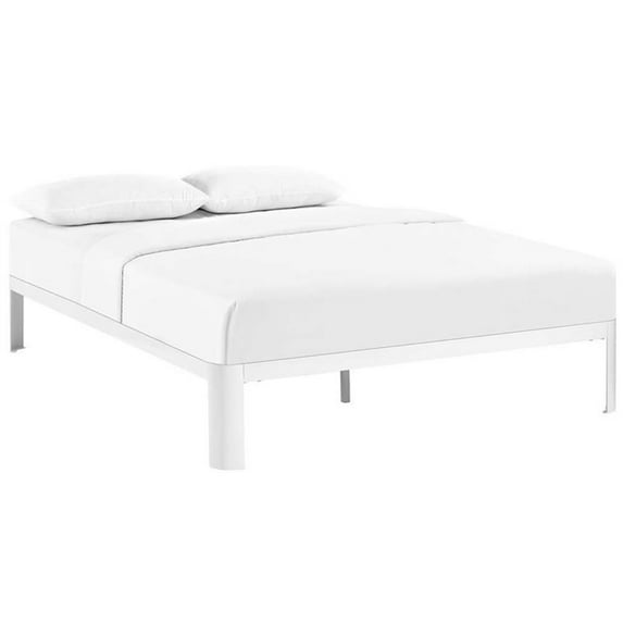 Hawthorne Collections Modern Metal Queen Platform Bed with Slatted Wood in White