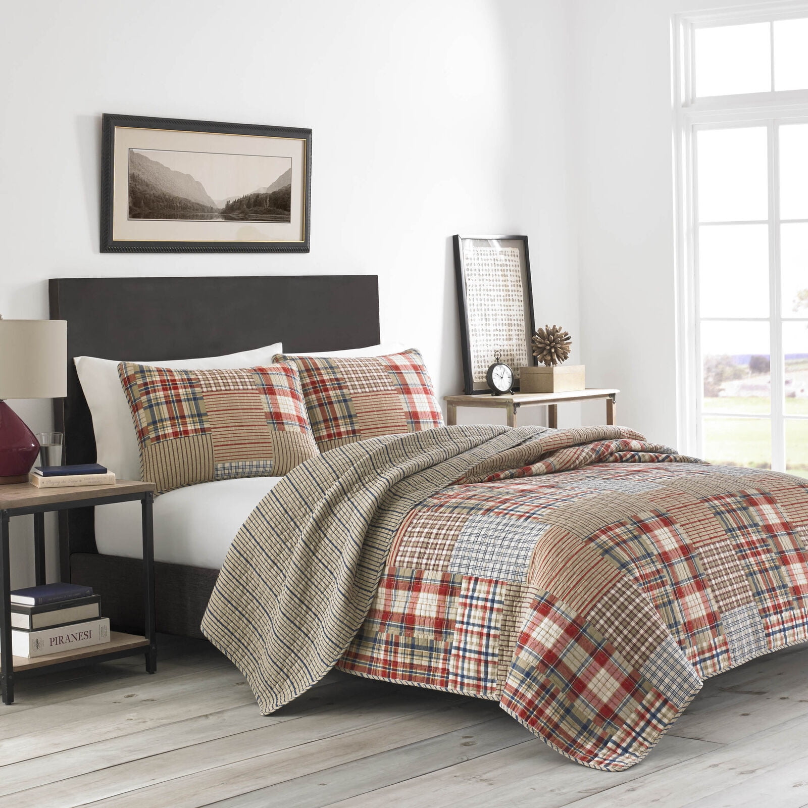 Brown Plaid Cotton Twin Reversible Quilt Set with Sham