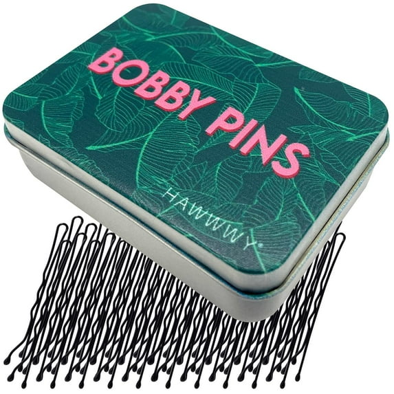 Hawwwy 300-Count Bobby Pins in Cute Storage Tin Hair Pin for Short Medium Long Hair, Great for Styling Buns Kids Girls Women (Black_Green Leaves)