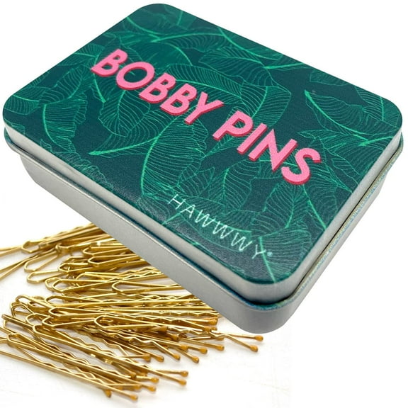 Hawwwy 300-Count Bobby Pins in Cute Storage Tin Hair Pin for Short Medium Long Hair, Great for Styling Buns Kids Girls Women (Gold_Green Leaves)