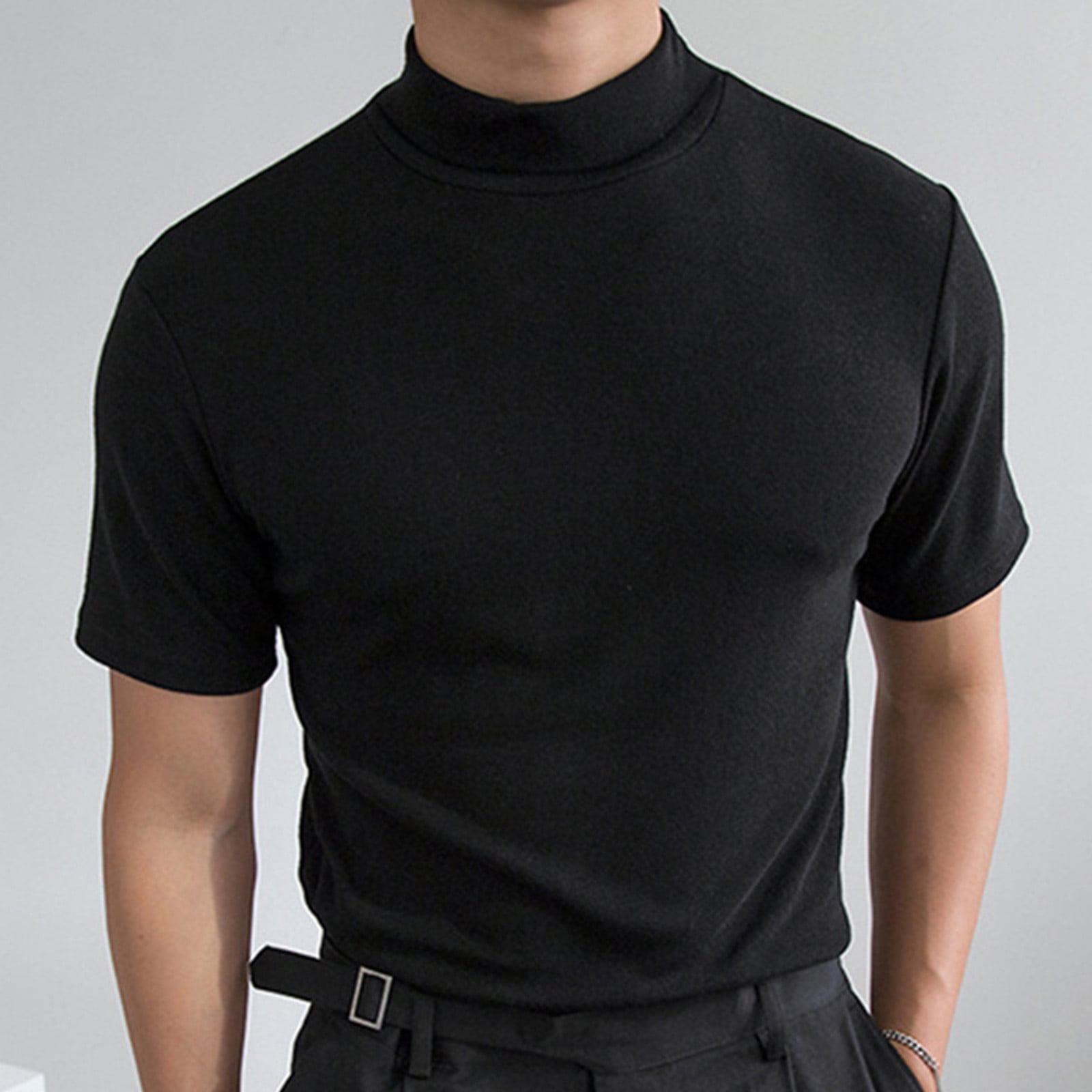 Haxmnou Mens T Shirt Short Sleeve Basic Turtleneck Slim Fit