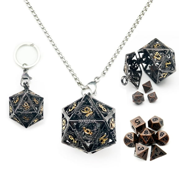 Haxtec 6mm Mini DND Dice Set With Hollow Dice Case Necklace Cool Keychain Dice-Antique Copper Black Gold Cage