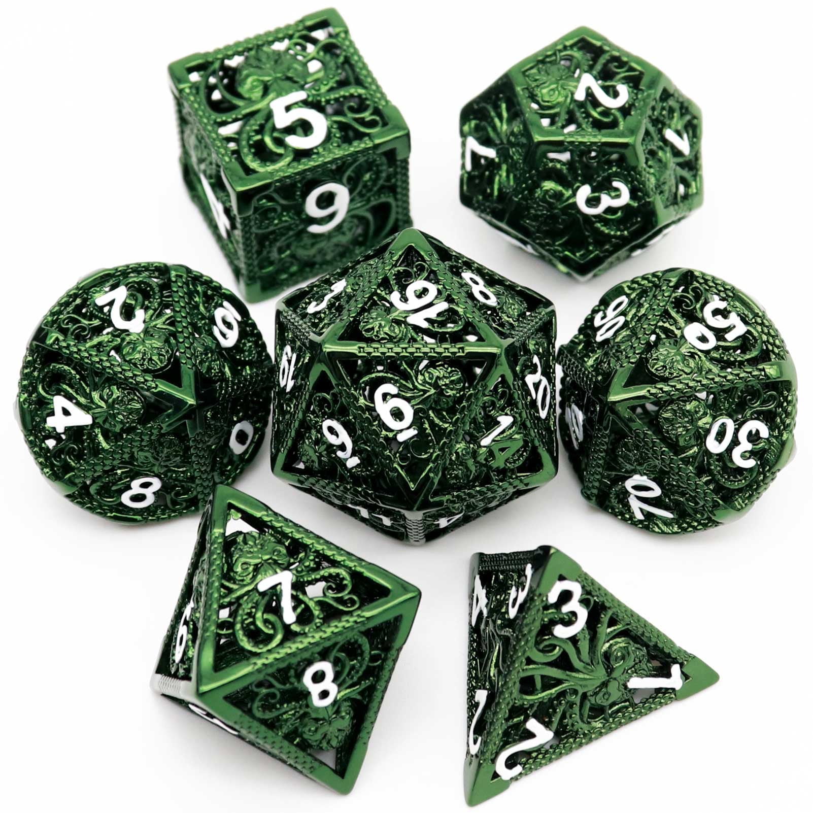 Haxtec Hollow Metal Dice Set D&D Green Octopus Monster Kraken DND Dice