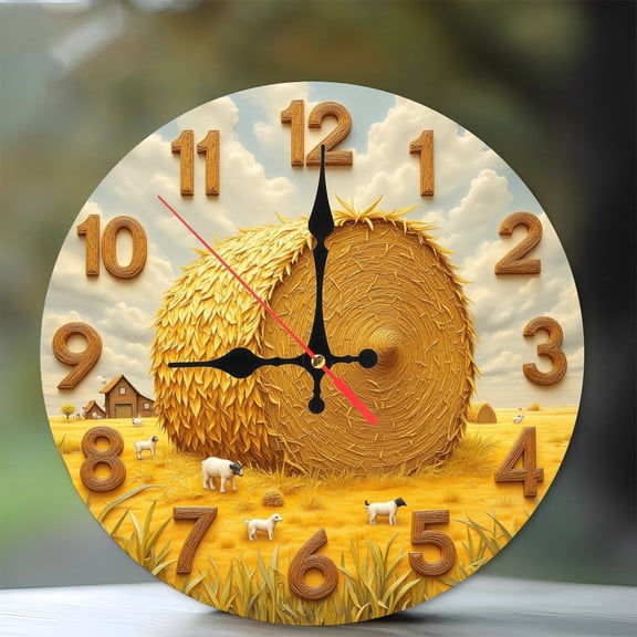 Hay Bale Farm Clock Wall Decor Rustic Style 10-Inch Silent Wooden Wall Clock, Battery Operated (AA Batteries Not Included), Artistic Home Decor