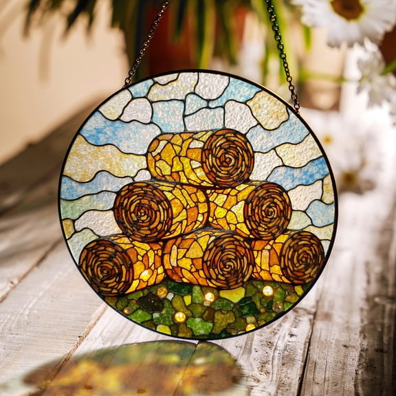 Hay Bale Field Stained Glass Suncatcher, Rustic Farmhouse Window Hanging, Warm Gift for Mom, Thanksgiving Fall Decor