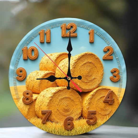 Hay Bales Rustic Farmhouse Wall Clock 10-Inch Silent Wooden Wall Clock, Battery Operated (AA Batteries Not Included), Artistic Home Decor