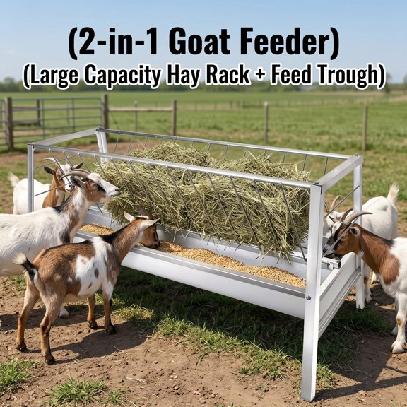 Hay Feeder for Goats 77 Gallon, Livestock Hay Rack with Grain Trough, Galvanized Steel Weatherproof, Best Value Goat-Proof Farm Feeder