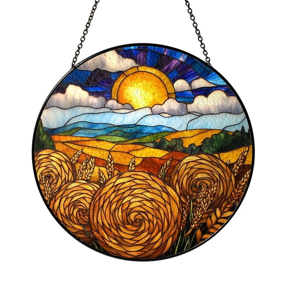 Hay Field Stained Glass Window Hanging, Farm Landscape Suncatcher Decor