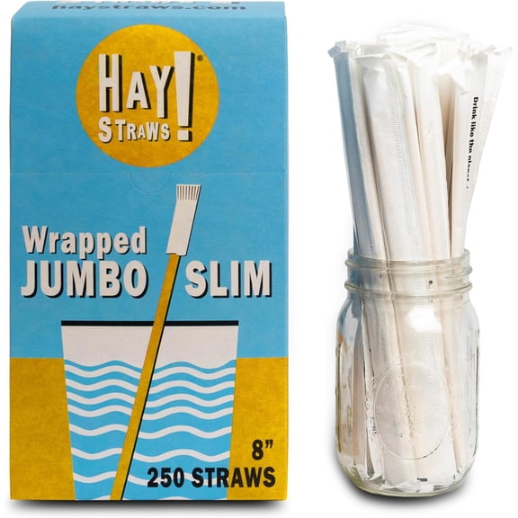 Hay Straws 8 inch Individually Wrapped Compostable Drinking Straw Eco Friendly, 250 Count Biodegradable Disposable Straw for Juices, Smoothies, Plant-Stem Straws, No Paper, Plastic-Free (56.5mm)