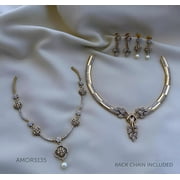 Haya Jewel South Indian Bollywood Floral Design White Kemp Stone Hasli Choker & Necklace Combo Set   Gold Plated Matte Finish with Drop Earrings   2 Combo Set.