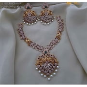 Haya Jewel South Indian Bollywood Gold Plated Peacock & Mango Design Necklace Set with Ruby, Green & White Stones, Pearls, Matte Finish Pendant, and Drop Earrings   AD CZ Bridal Jewelry Set