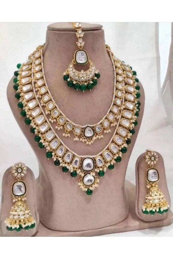 Haya Jewel South Indian Bollywood Royal Look Double Layer Kundan Jewelry Set Gold Plated Matte Finish Brass with White Kemp Stones, Green & White Pearls, Guttapusalu, Jhumki Earrings & Maangtikka