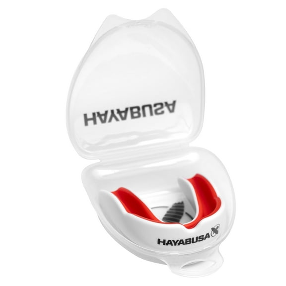 Hayabusa Combat Sports Mouth Guard Youth, Kids and Adult Sizes Comes With Case - White/Red, Adult