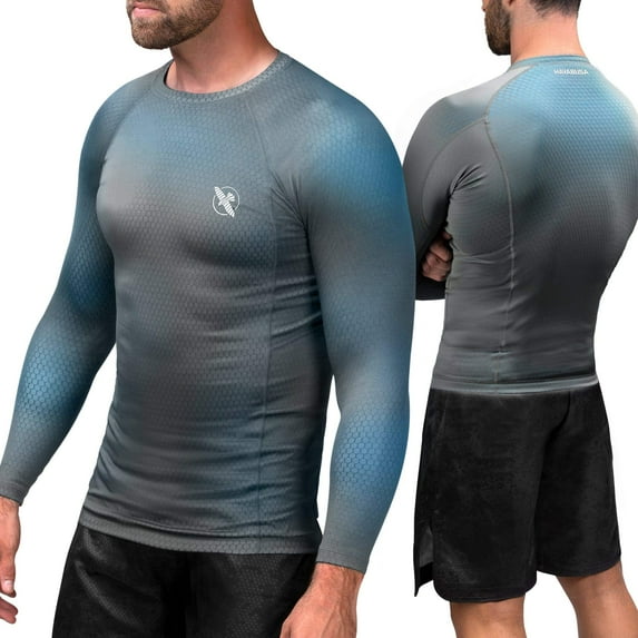 Hayabusa Fusion Long Sleeve Jiu Jitsu Rashguard - Grey/Aqua, Small