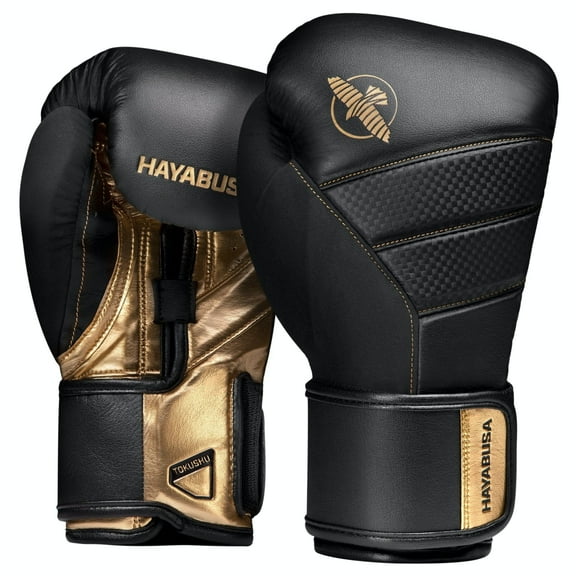 Hayabusa T3 Boxing Gloves for Men and Women Wrist and Knuckle Protection, Dual-X Hook and Loop Closure, Splinted Wrist Support, 5 Layer Foam Knuckle Padding - Black/Gold, 14 oz
