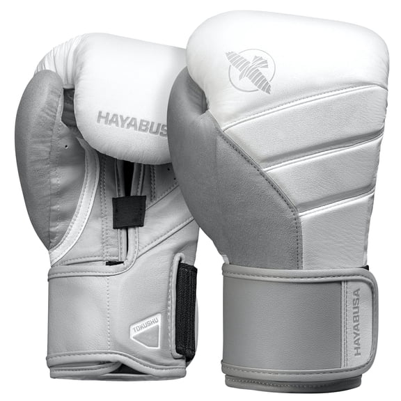 Hayabusa T3 Boxing Gloves for Men and Women Wrist and Knuckle Protection, Dual-X Hook and Loop Closure, Splinted Wrist Support, 5 Layer Foam Knuckle Padding - White/Grey, 14 oz