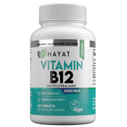 Hayat Vitamins Vegan Natural Vitamin B12 1000 MCG, Fast Dissolve, Certified Halal, 60 Tablets