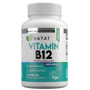 Hayat Vitamins Vegan Natural Vitamin B12 1000 MCG, Fast Dissolve, Certified Halal, 60 Tablets