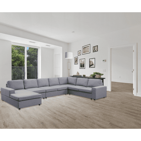 Hayden 146.5" Light Gray Linen 7-Seat Reversible Modular Sectional Sofa with Chaise | Space-Saving Design | Easy Assembly