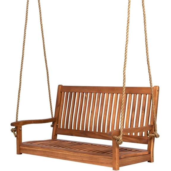 Hayden 4 Foot Wooden Porch Swing - Natural Oil Finish Acacia Wood Outdoor Bench