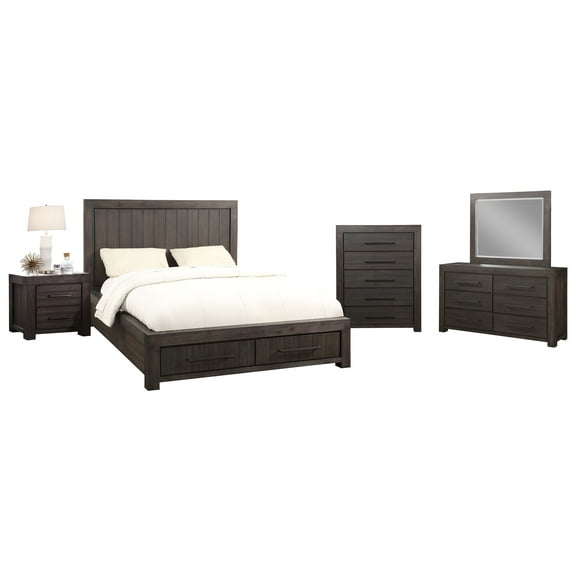 Hayden 5PC E King Storage Bed, Nightstand, Dresser, Mirror & Chest Set in Acacia Dusky Gray