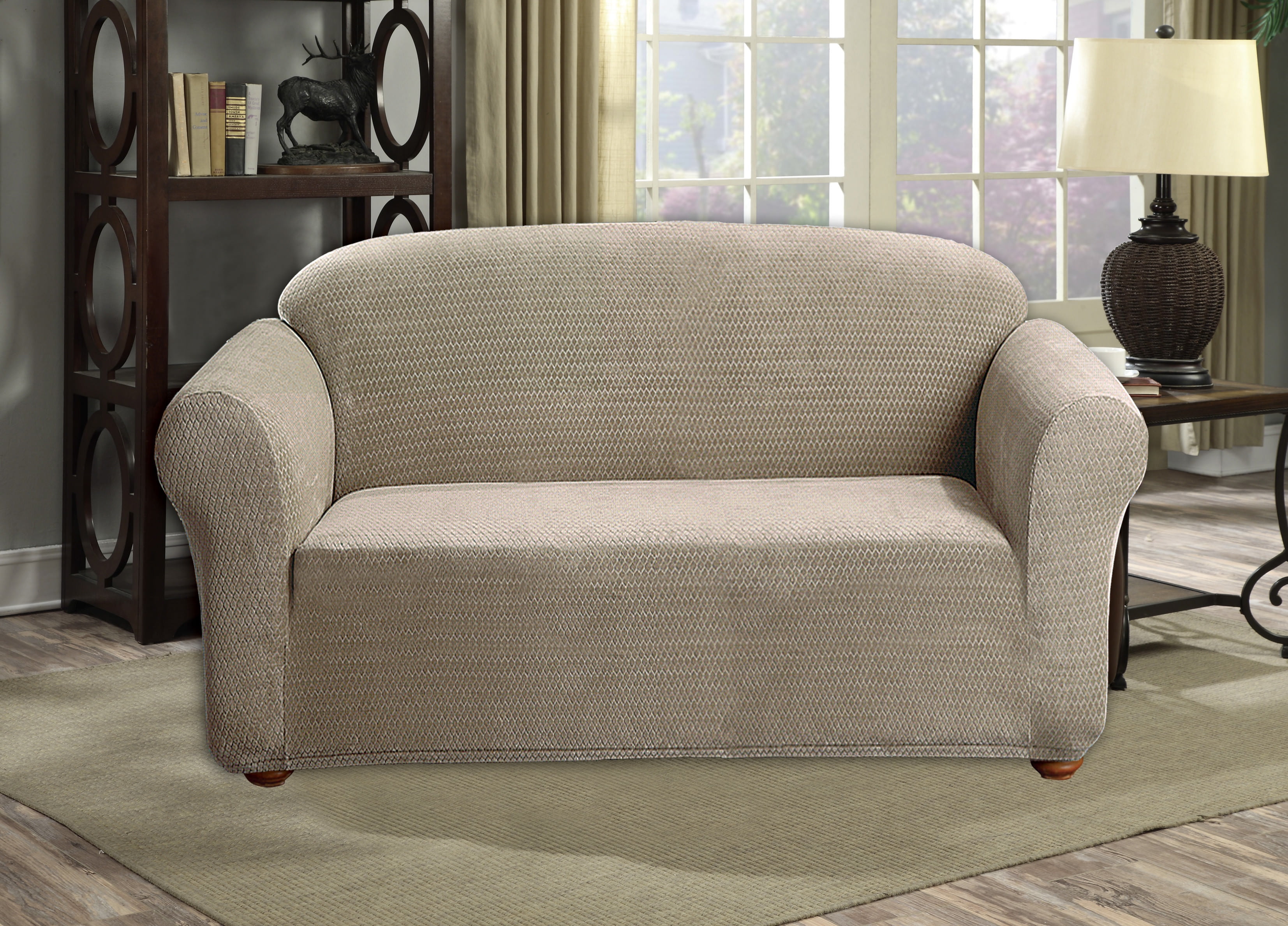 Hayden Diamond Velvet Loveseat Cover in Taupe