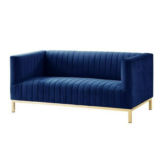 Posh Living Hayden Velvet Tuxedo Loveseat with Y-Metal Base in Navy Blue/Gold