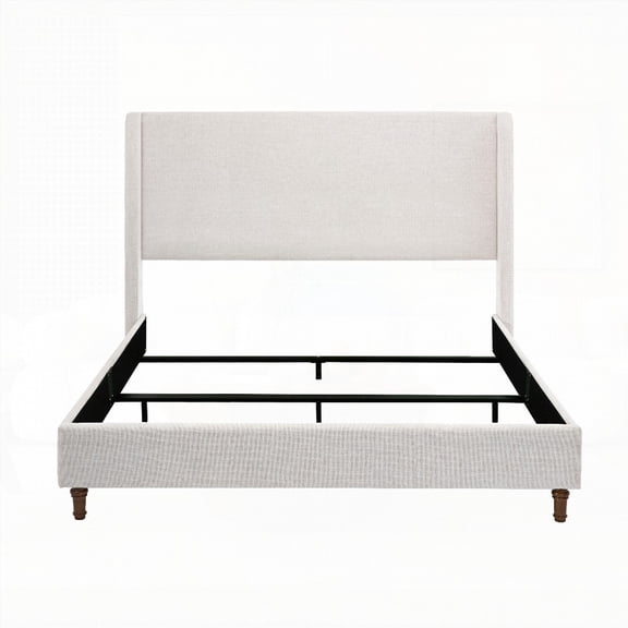 Hayden Upholstered King Bed Size: 54" Tall Headboard, No Wooden Slats, Box Spring Needed, Textured Ivory Canvas, Simple Elegance