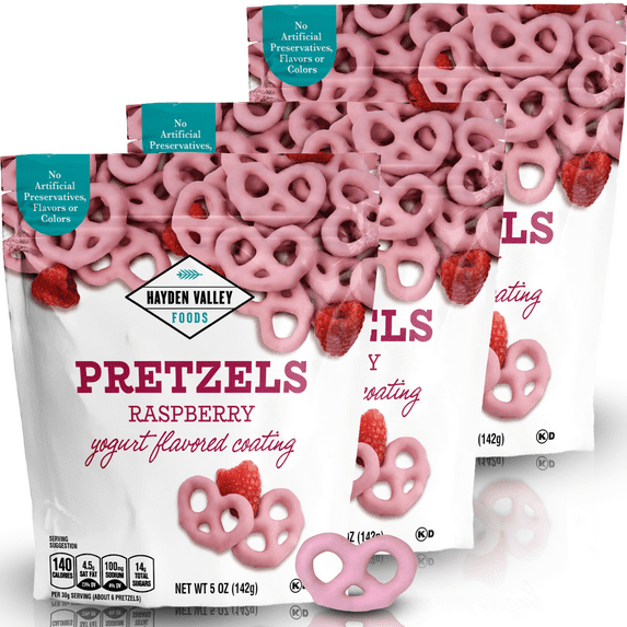 Hayden Valley Foods Raspberry Yogurt Covered Pretzels - 5oz Resealable Bags (Pack of 3) - Gourmet Flavored Pretzels