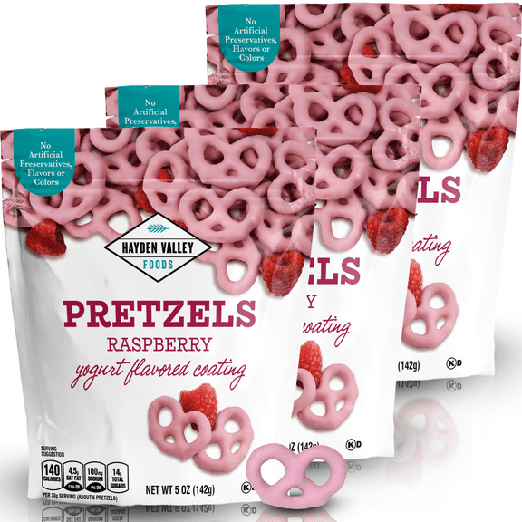 Hayden Valley Foods Raspberry Yogurt Covered Pretzels - 5oz Resealable Bags (Pack of 3) - Gourmet Flavored Pretzels