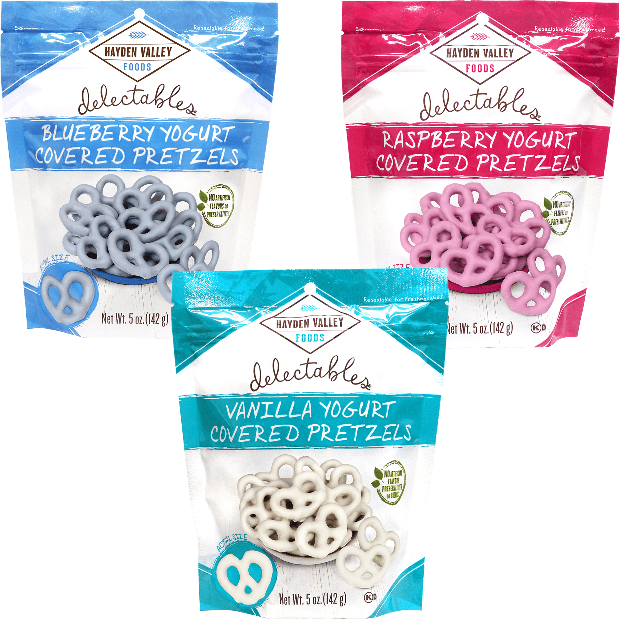 Hayden Valley Foods Yogurt-Covered Pretzel Variety Pack - 5oz Resealable Bags (Pack of 3) - Raspberry, Blueberry and Vanilla - Gourmet Yogurt Covered Flavored Pretzels