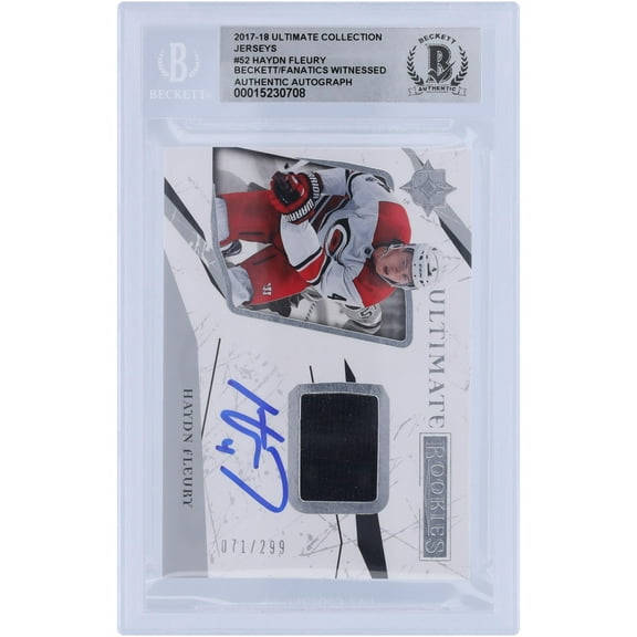 Haydn Fleury Carolina Hurricanes Autographed 2017-18 Upper Deck Ultimate Collection Rookies Black Relic #52 #/299 Beckett Fanatics Witnessed Authenticated 10 Rookie Card - Fanatics Authentic Certified