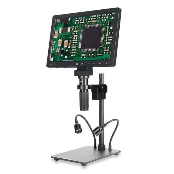10.1'' Digital Microscope Magnification150X,Hayear 16MP 1080P Photo/Video Microscope for Adult Soldering PCB,Metal Stand,2 Optional Double Head Light,PC View Supported Windows/Mac/Linux