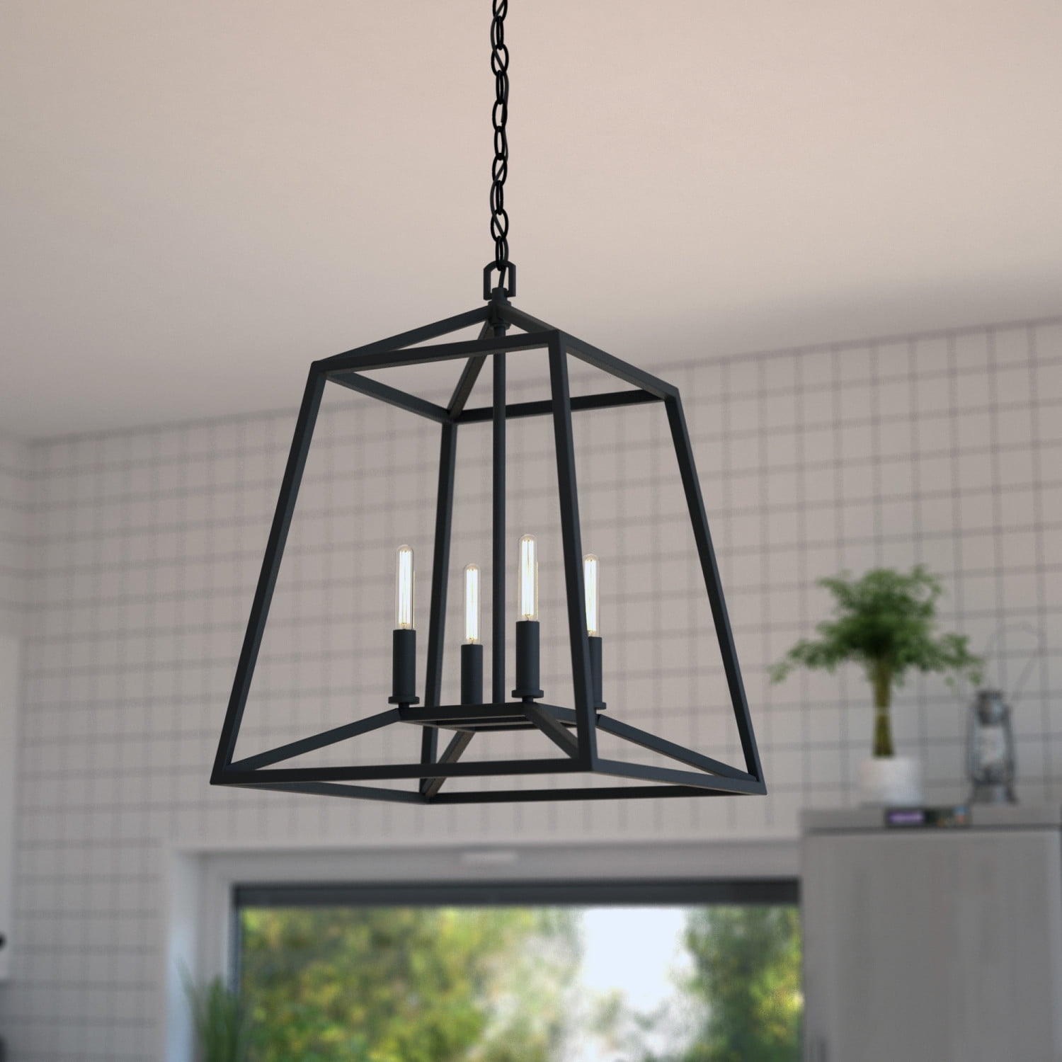 Hayes Black 4-Light Farmhouse Cage Pendant Lantern