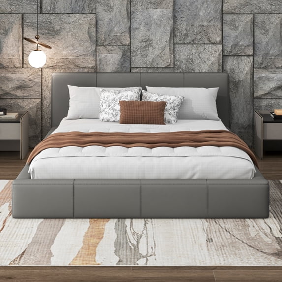 Hayes Modern King Size PU Upholstered Bed, Platform Bed with Solid Wood Frame, Gray
