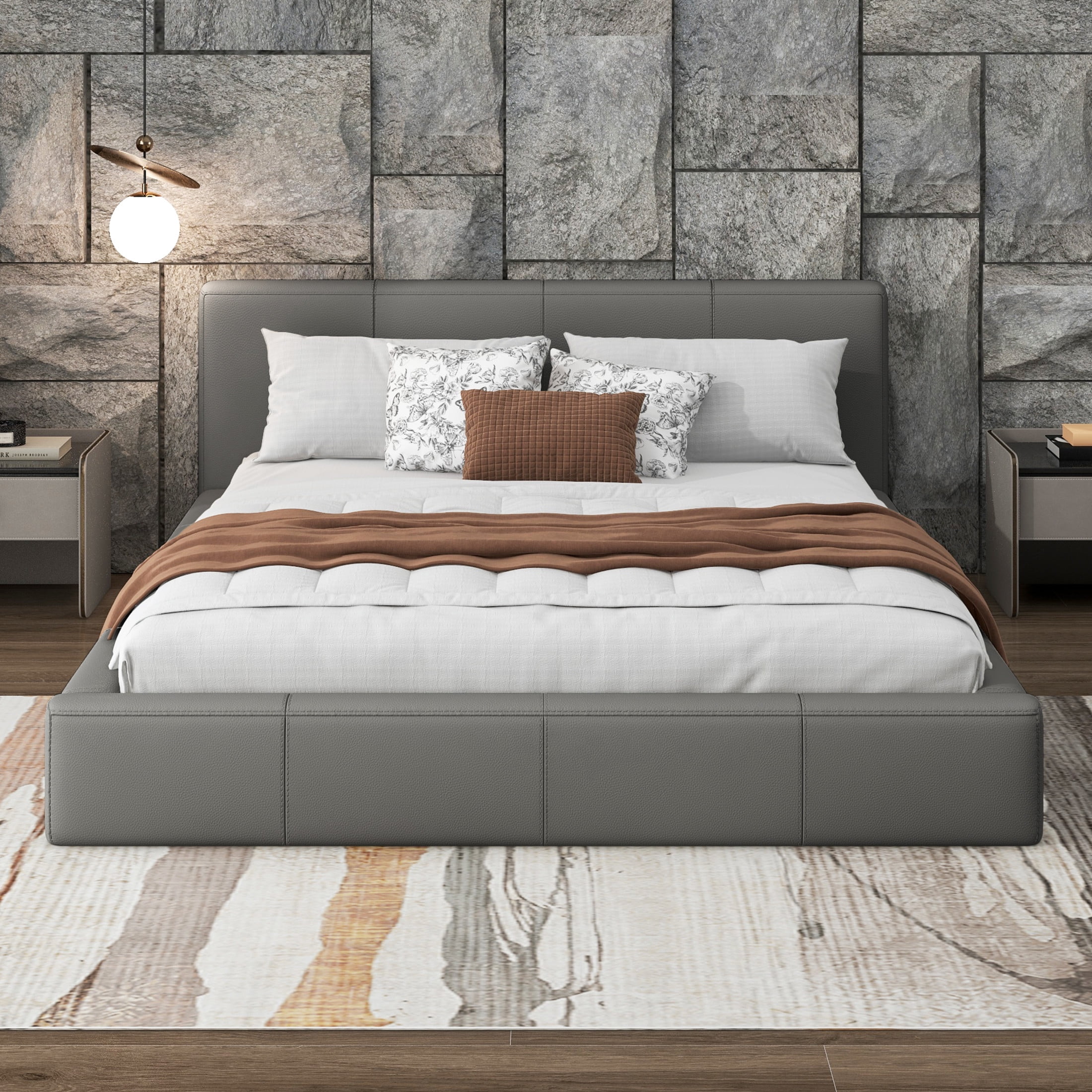 Hayes Modern Queen Size PU Upholstered Bed, Platform Bed with Solid Wood Frame, Gray