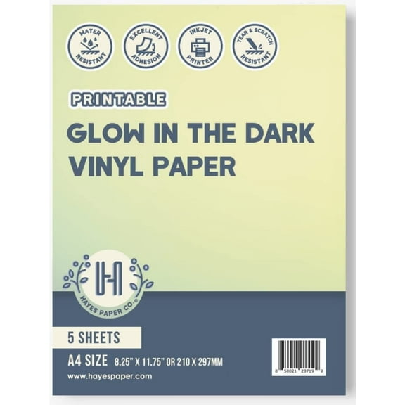 Hayes Paper Co. Glow in the Dark Vinyl Sticker Paper for Inkjet Printer, Waterproof Printable Sticker Sheets A4 Size, 5-Pack for DIY Crafts, Decals, Labels, and Custom Projects