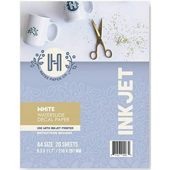 Hayes Paper Co. White Waterslide Decal Paper for Inkjet Printers, A4 Size 8.25 x 11.75", 20 Sheets, Water Transfer Paper for Mugs, Tumblers, Ceramics & Glass
