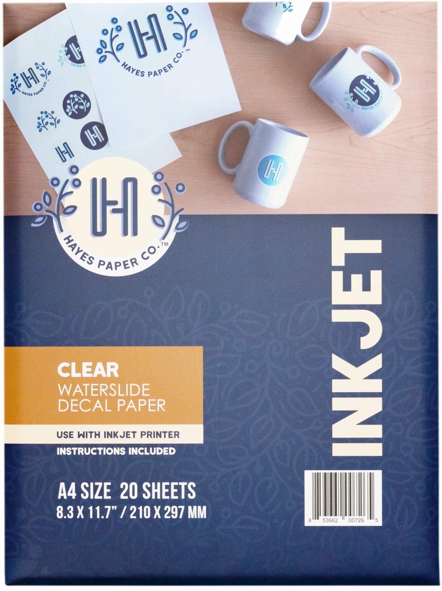 "Hayes Paper Co. Clear Waterslide Decal Paper for Inkjet Printers, A4 Size 8.25 x 11.75"", 20 Sheets, Transparent Water Transfer Paper for Mugs, Glass, Ceramics, Plastic "