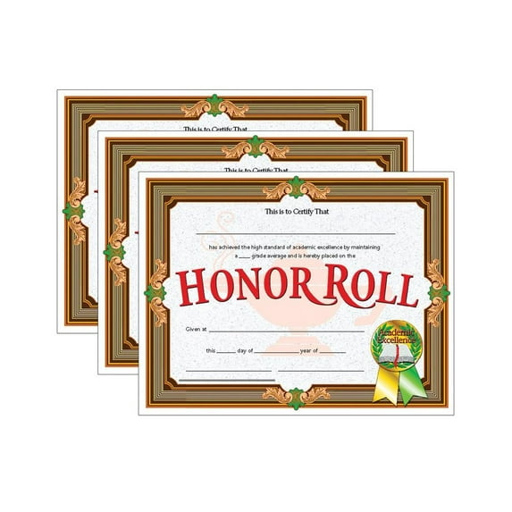 Hayes Publishing Honor Roll Certificate, 30 Per Pack, 3 Packs
